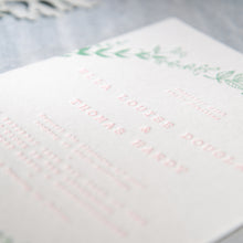 Load image into Gallery viewer, Osity wedding and party stationery letterpress printed in two colours pink and green Sprig design