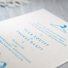 Load image into Gallery viewer, Osity wedding and party stationery letterpress printed in one colour blue Winter design