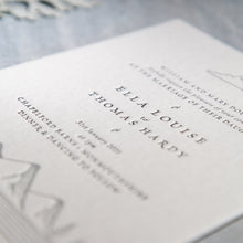 Load image into Gallery viewer, Osity wedding and party stationery letterpress printed in two colours black and silver Winter design