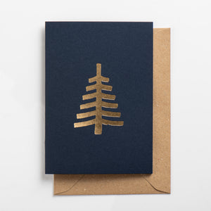 Christmas Tree Card, Gold on Deep Blue