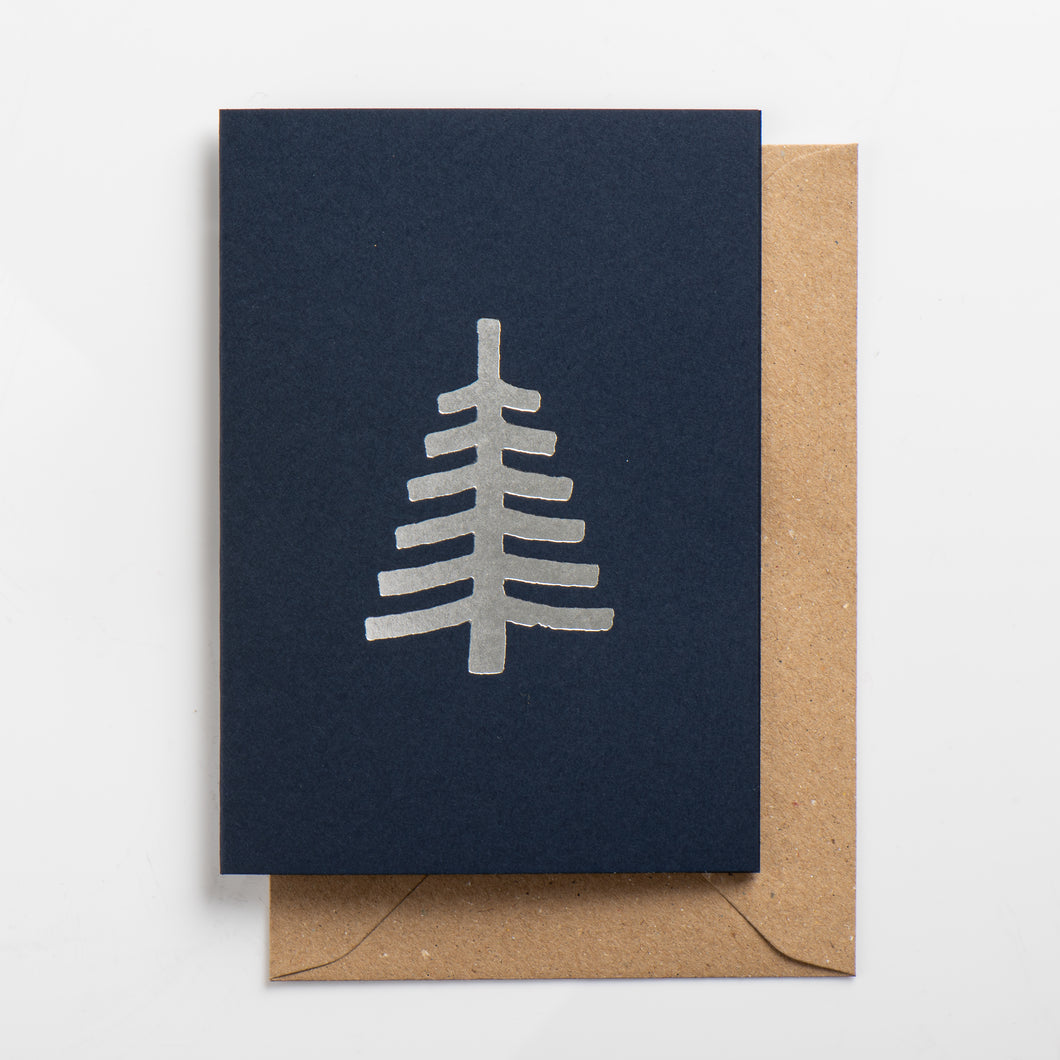 Christmas Tree Card, Silver on Deep Blue