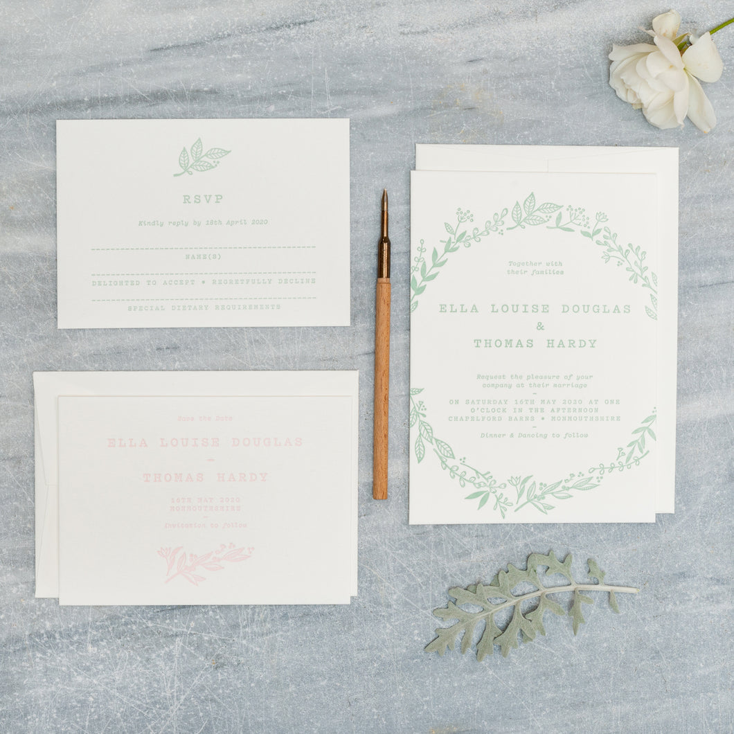 Osity wedding and party stationery letterpress printed in one colour Spring design