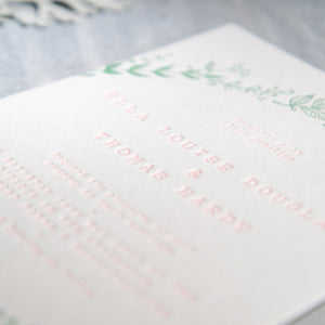 Osity wedding and party stationery letterpress printed in two colours pink and green Sprig design