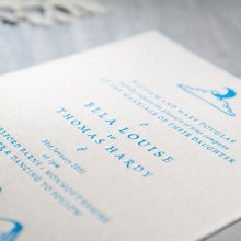 Load image into Gallery viewer, Osity wedding and party stationery letterpress printed in one colour blue Winter design

