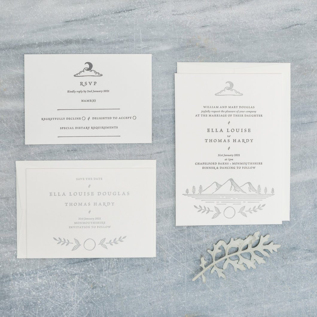 Osity wedding and party stationery letterpress printed in two colours Winter design