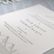 Load image into Gallery viewer, Osity wedding and party stationery letterpress printed in two colours black and silver Winter design
